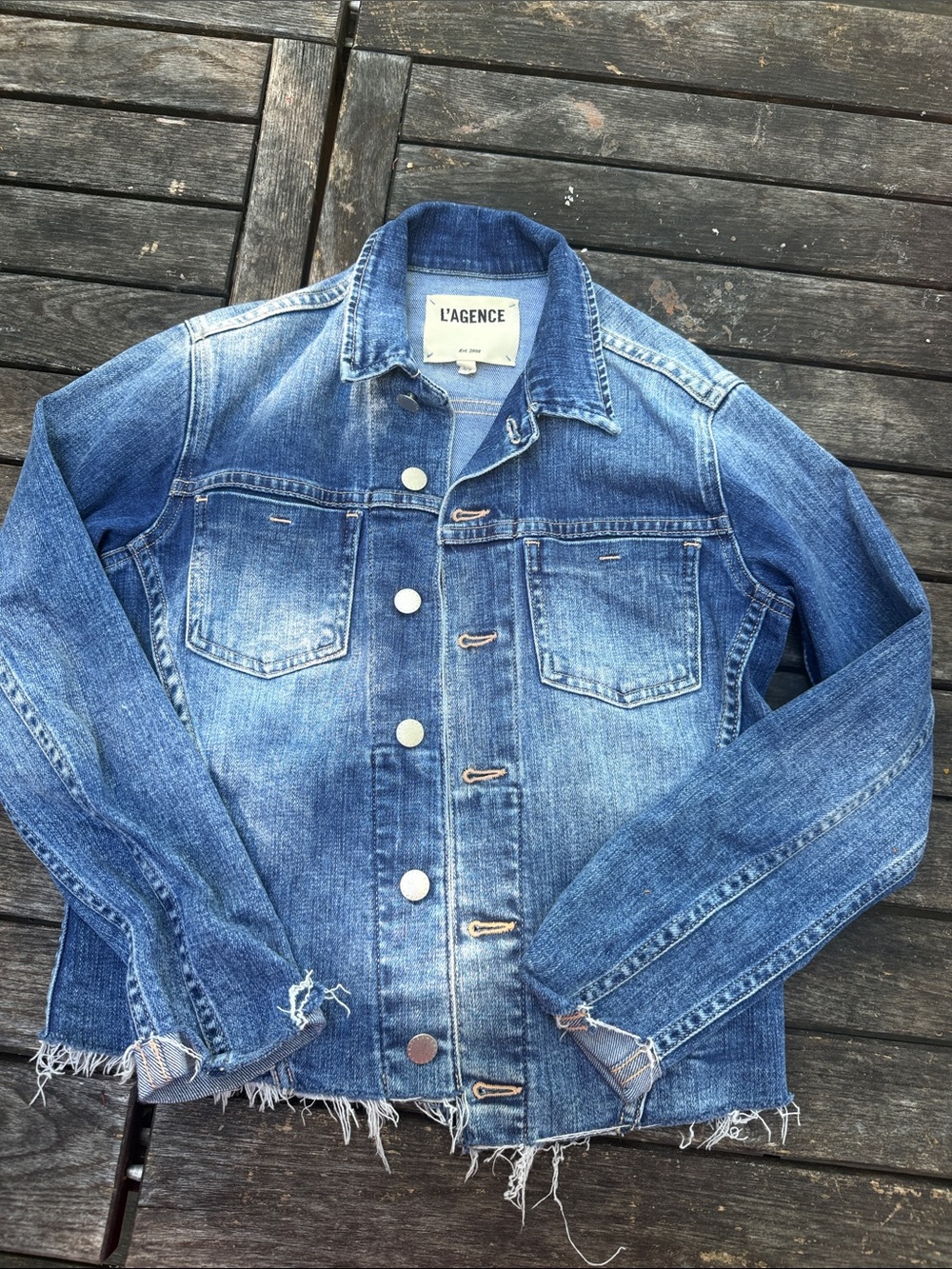 L'AGENCE Distressed Blue Denim Jacket